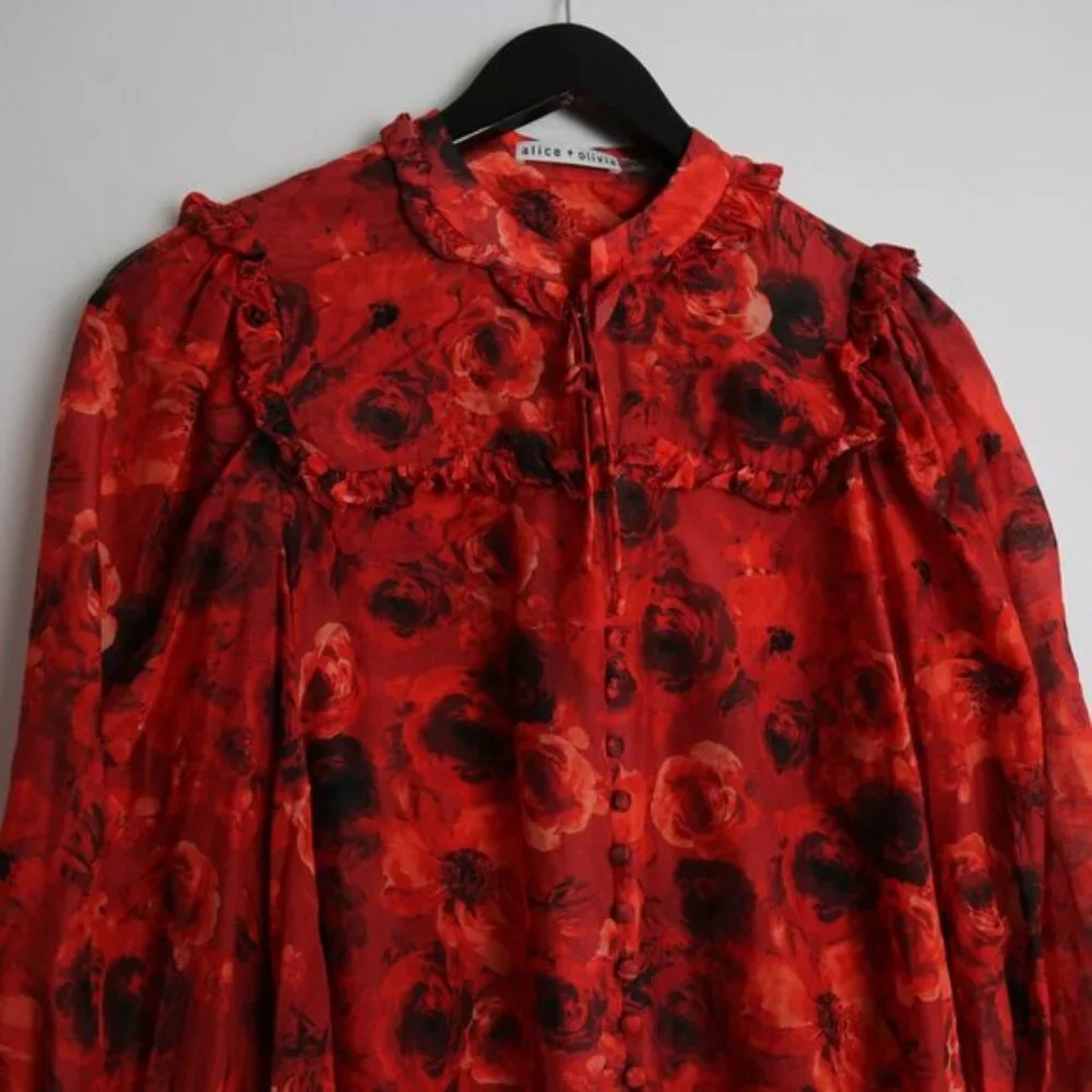 Alice + Olivia Bette Silk Cotton Ruffle Tie Blouse Floral Red Size Medium - Picture 3 of 8